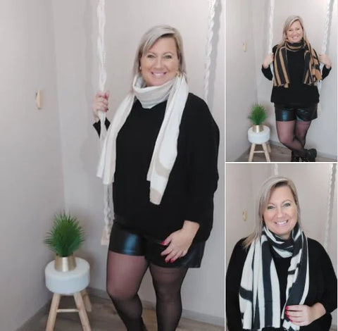 Femme curvy : 3 photos d’une femme en pull, short en cuir avec collants et 3 écharpes différentes