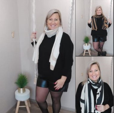 pull oversize noir, short simili cuir noir et écharpe bicolore, robe fluide rouge, collant opaque et escarpin rouge, blouse a imprimes fleur, jean slim et basket argente