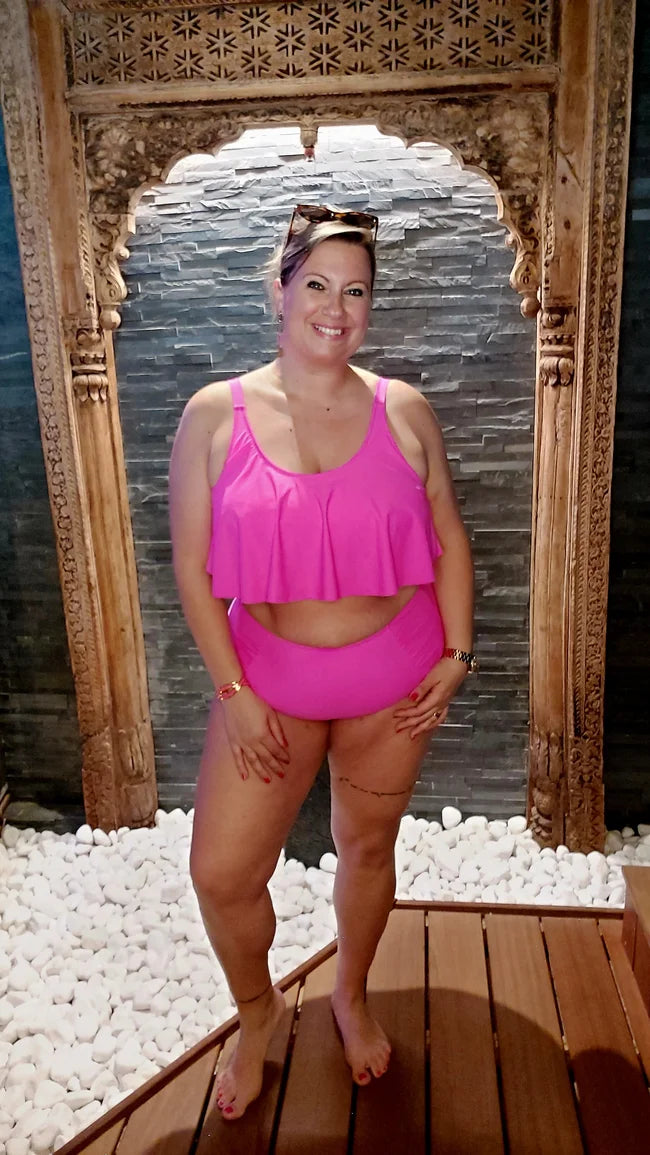 Maillot de bain 2 pièces fuchsia a volant