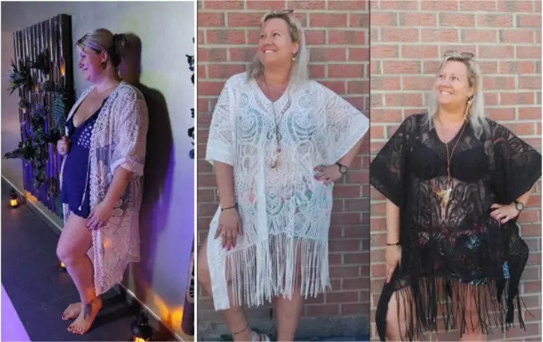 1 kimono blanc, 2 paréos blanc et noir en dessus de maillot de bain