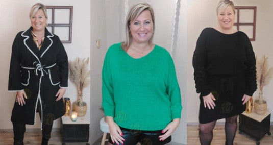 Tenue d’hiver femme chic manteau noir à ceinture, Pull en maille vert oversize, Robe pull noir grande taille