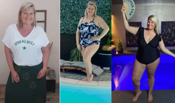 Un t-shirt blanc "La Vie en Rose", un maillot de bain imprimé tropical, un maillot de bain noir intemporel